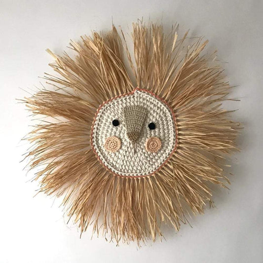 Raffia Lion Wall Hanging - Small Coral